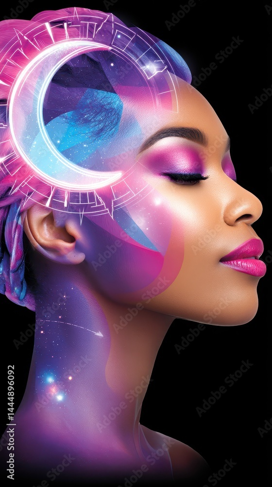 Poster double exposure of a woman's face merged with cosmic elements and colorful space imagery creating a 