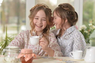 Portrait of two smiling little girls drinking tea at home