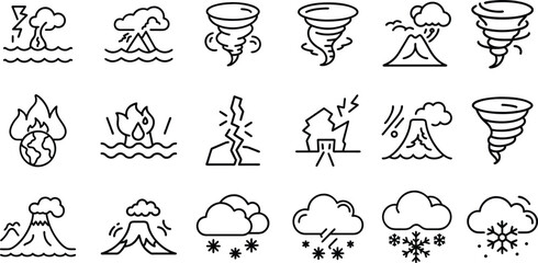 Natural Disaster and Weather Icon Set. Tornado, Earthquake, Volcano, Climate, Snow, Fire.