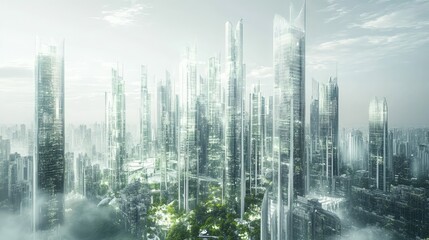 Futuristic Urban Landscape with Tall Glass Skyscrapers and Green Spaces, Showcasing Modern Architecture and Advanced Technology in a Bright City Setting