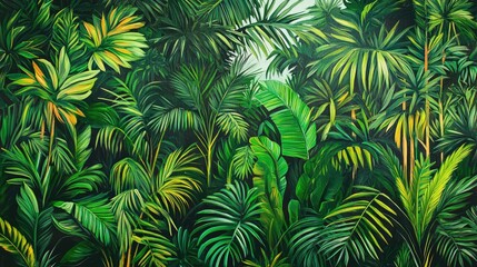 Lush Green Tropical Jungle with Varied Leaf Patterns, Dense Foliage, and Vibrant Shades of Green, Creating a Serene Natural Environment for Relaxation and Escape