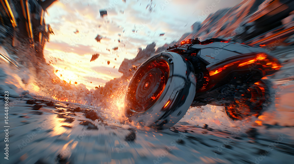 Poster futuristic vehicle powers through terrain kicking up debris. dynamic and action-packed scene. great 