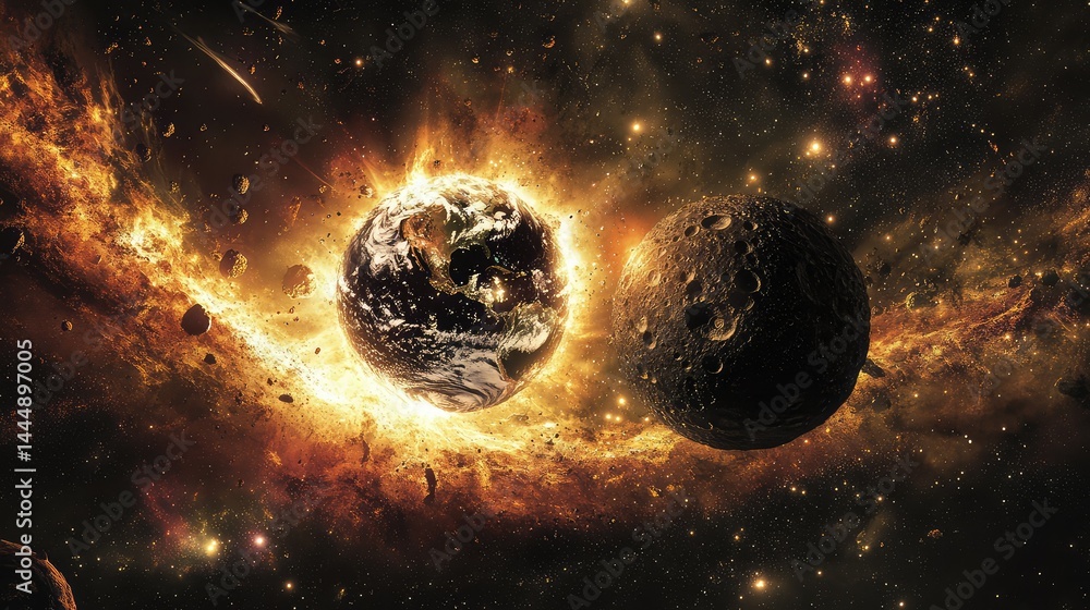 Poster cosmic catastrophe: a spectacular celestial event with exploding stars, asteroids, and a distant moo