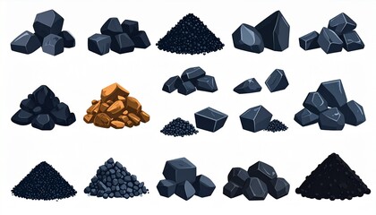 Various Coal Pile Illustrations Black and Brown Coal Rocks Crushed Coal and Coal Pieces