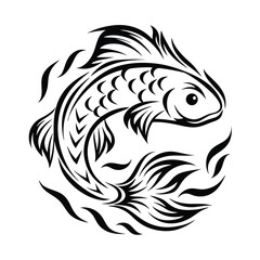 Ornamental Fish Black Ink Drawing of Fish in Round Tribal Style Art