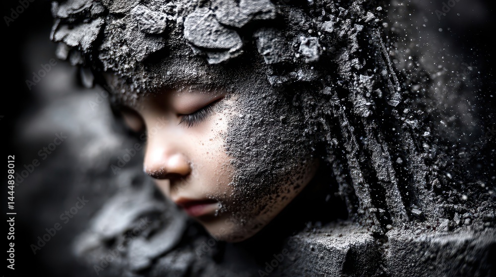 Poster ethereal child portrait in cosmic landscape with textured elements and dreamy vibes capturing the es
