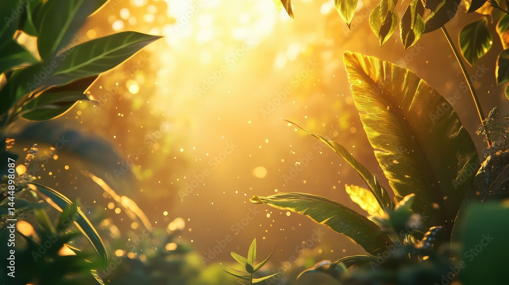 Poster sunlight streaming through lush green leaves in a tranquil forest setting, illuminating micro dust p