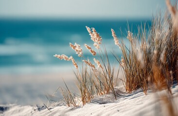 Obraz na płótnie Canvas Beach grasses on sand dunes against a blue ocean backdrop in summer