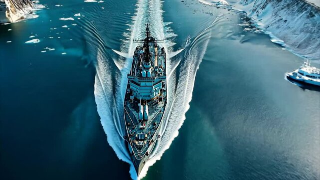 Military ship navigating icy waters in majestic aerial view showcases maritime strength and technology, An aerial view along the length of a military ship that's on patrol in the Arctic Ocean region