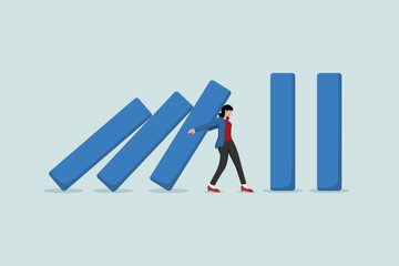 Business crisis management, risk protection, insurance or help and support company avoiding dominos effect in economic crisis concept, confidence businesswoman help stop or protect collapsing dominos.