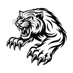 Black and White Aggressive Tiger Illustration, Fangs, Claws, Angry Wild Cat,