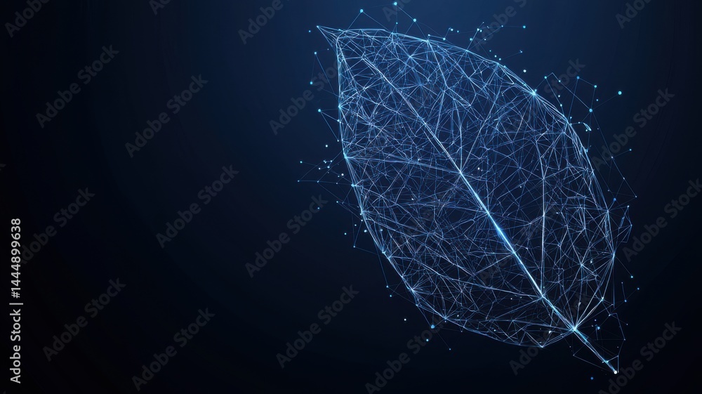 Poster a digital leaf is formed by glowing blue network lines and points on a dark background, representing