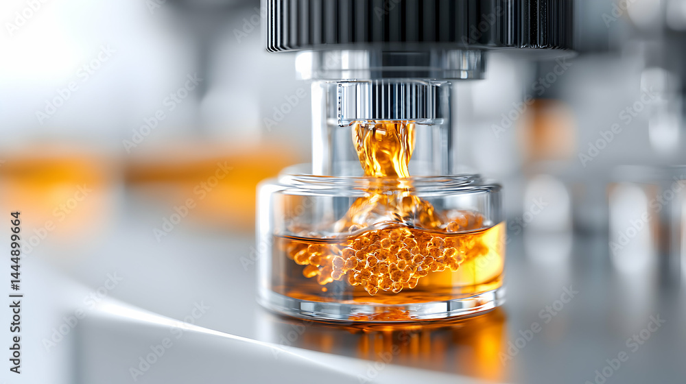 Poster a close-up image shows a machine dispensing liquid into a glass container containing small spheres. 