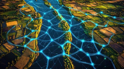 Aerial view of farmland and river overlaid with glowing digital network connections, symbolizing technology integration in agriculture.