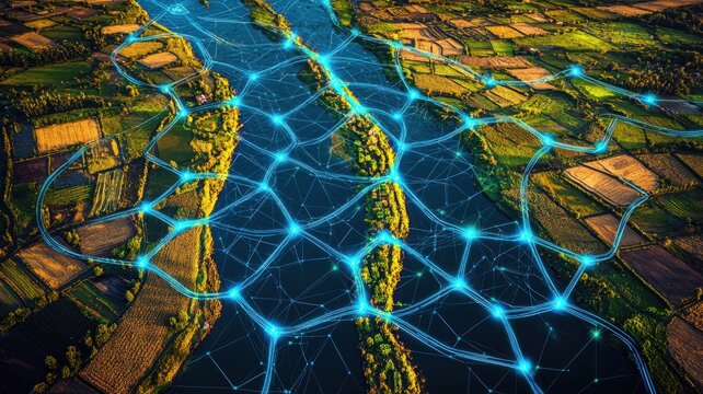 Aerial view of farmland and river overlaid with glowing digital network connections, symbolizing technology integration in agriculture.