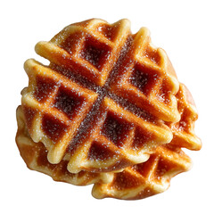 Close-up of two golden Belgian waffles sprinkled with sugar, isolated with transparent background