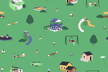 Repeatable pattern of kids having fun with on slides, swings in park, outdoors. Endless background with children playing in sandbox, running in garden, kindergarten. Flat seamless vector illustration