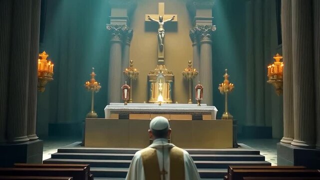 Pope vicar clergy in a large church abbey with a gold cross of jesus over an alter