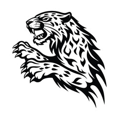 Roaring Jaguar Silhouette, Black and White Feline, Aggressive Wildlife, Tribal Style Art