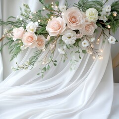 Obraz premium Elegant Wedding Decoration with Pastel Roses and White Fabric wedding decoration floral arrangement
