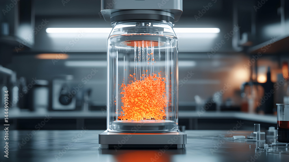 Poster a futuristic laboratory scene features a clear cylindrical container filled with glowing particles. 