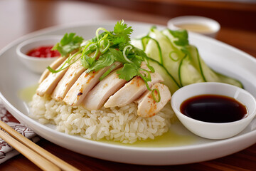 Hainanese Chicken Rice with Poached Chicken and Cucumber Ribbons