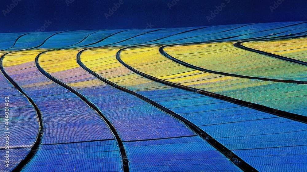 Poster abstract image of colorful, wavy lines resembling solar panels or modern architectural patterns.