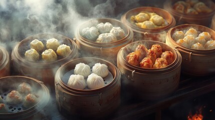Steaming dumplings in bamboo baskets