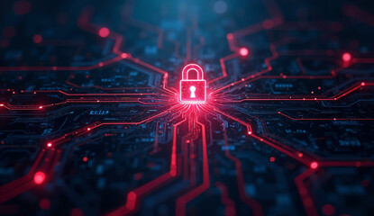 Zero-Trust Architecture with Central Glowing Lock and Fragmented Digital Pathways abstract Art

