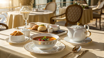 Fototapeta premium Elegant Lunch Setting with Soup, Tea, and Pastries in Restaurant