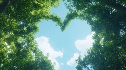 Heart-shaped tree canopy, blue sky, clouds, nature, environmental concept