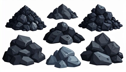 Naklejka premium Collection of Dark Grey Coal Rocks Pile Illustration for Game Design and Industrial Use