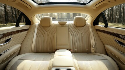 Beige leather interior of a luxurious car with view of the forest through the window
