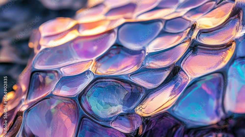 Poster close-up of iridescent surface with colorful reflective patterns and organic shapes, showcasing the 