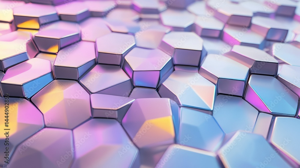 Poster abstract geometric hexagonal pattern with reflective surfaces, featuring vibrant colors and modern d