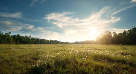 Obraz premium Meadow landscape with wildflowers in summer sunshine and blue sky view