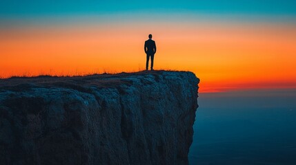 Obraz premium high-level leader on rocky outcrop, facing future from above the clouds, representing business perspective 