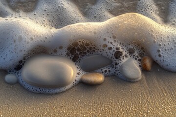 Foamy waves lapping over pebbles on sandy beach
