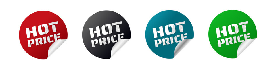 Hot Price – glossy stickers: red, black, blue, green – vector illustration