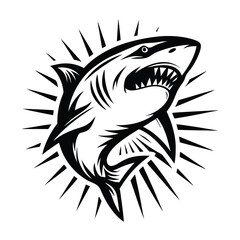 Monochrome of Menacing Shark with Open Jaws and Sharp Teeth Radiating Spikes
