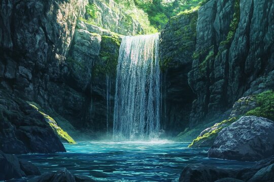 Hidden waterfall in a serene mountain gorge