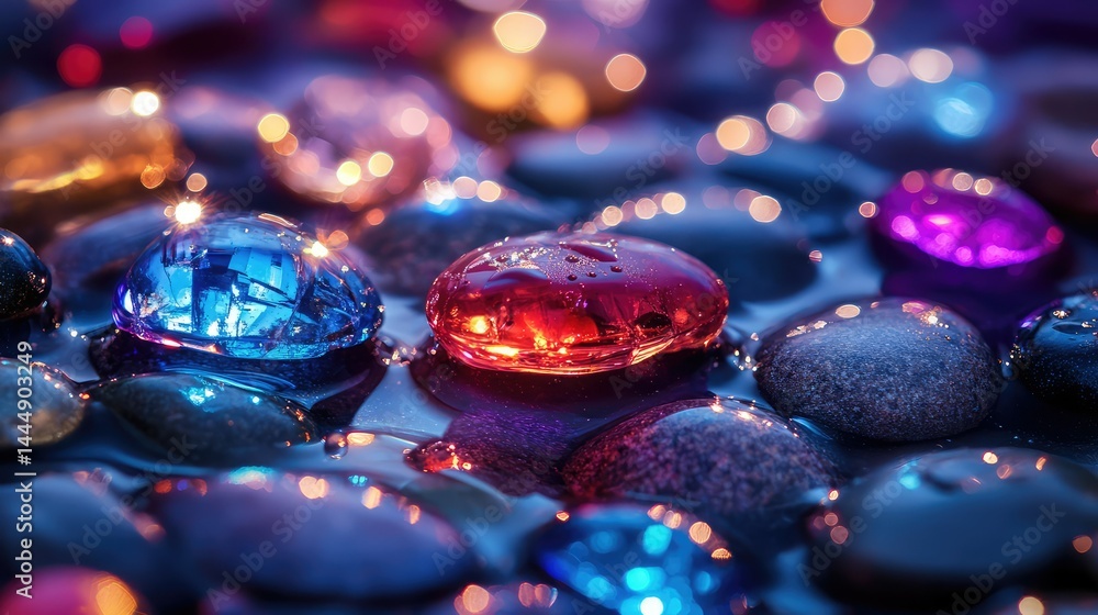 Poster colorful water droplets on smooth stones glimmering under bright light, creating a captivating abstr