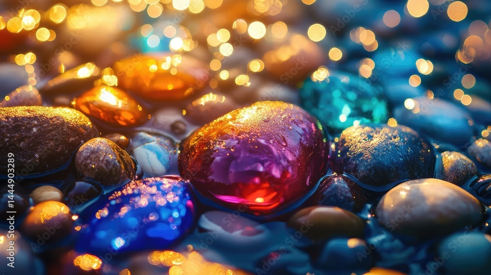 Poster vibrant colorful stones on a shimmering surface with glowing bokeh effect capturing natural beauty a
