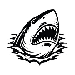 Aggressive Shark Silhouette Powerful Jaws, Sharp Teeth, Rising Out of Water, Black & White