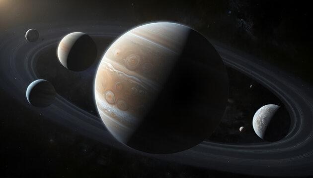 Jupiter and its rings with surrounding celestial bodies