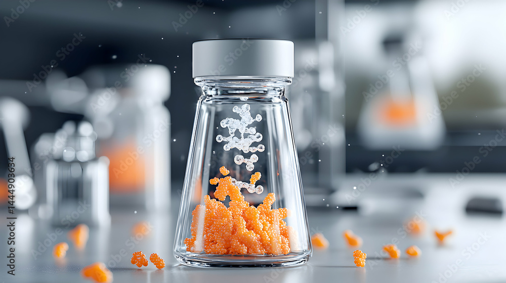 Aufkleber an image depicts a lab flask filled with molecular structures and orange spheres. suggests scientifi