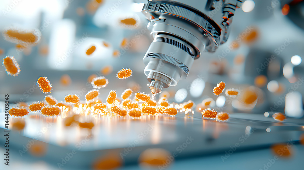 Poster a detailed image of a microscope analyzing microorganisms. application: educational material for bio