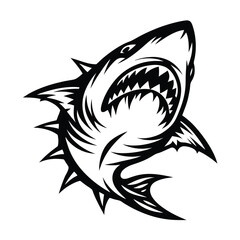 Aggressive Black and White Shark Silhouette with Open Jaws and Sharp Teeth Design