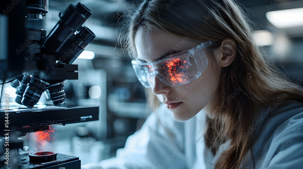 Poster a scientist uses a microscope. glowing particles are visible in protective glasses. likely a laborat