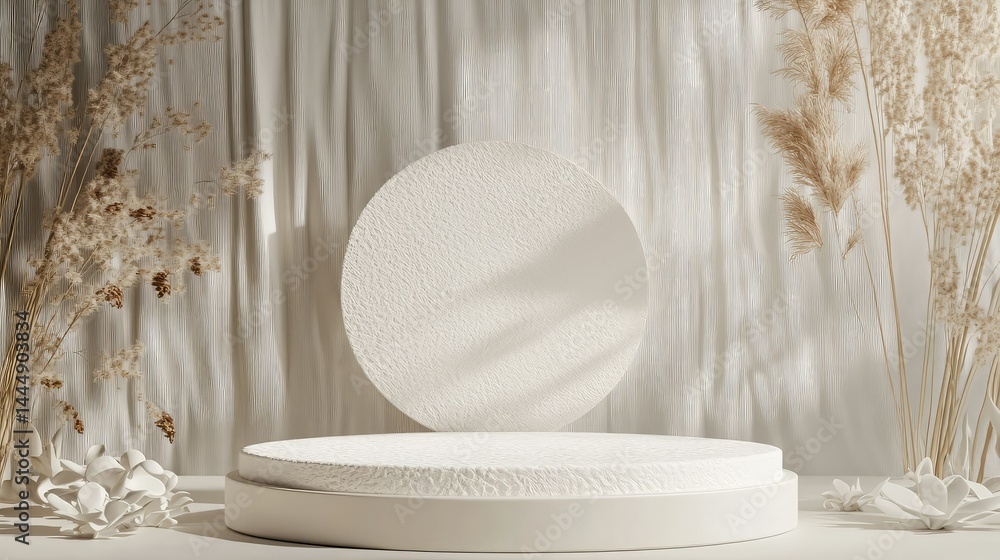 Poster elegant minimalist display with textured circular and flat platforms surrounded by dried flora in so